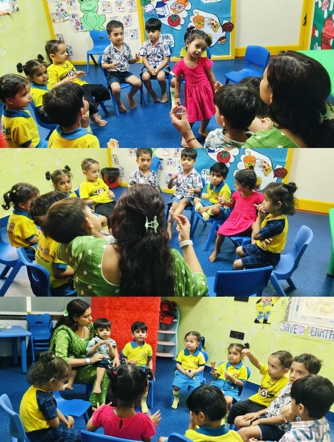 Children and a facilitator in a circle-time activity in the classroom